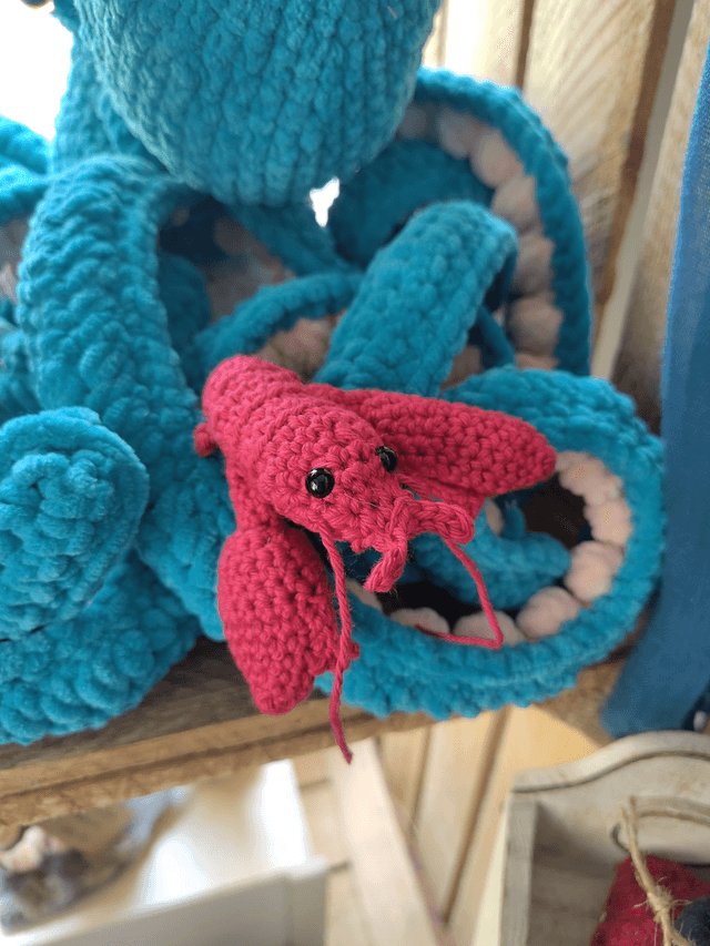 crochet crafts -Hand-Crocheted Lobster Brooch in a Hessian Sack (Approx. 12 cm) Made to Order - allow 1 week craft time