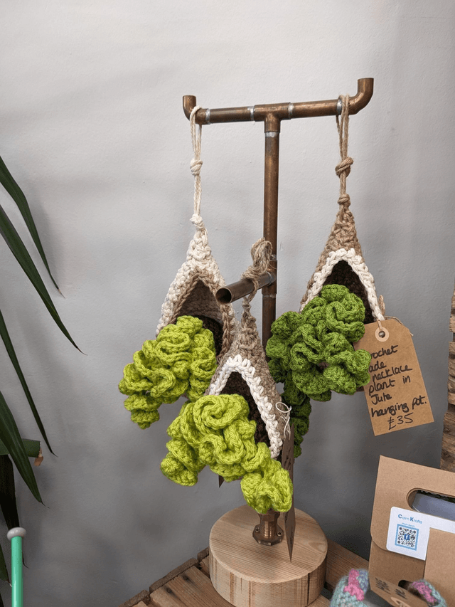 crochet crafts - Tumbling Crochet Plant Hanger | Natural Cotton & Faux Greenery (Made to order - allow 3 week craft time)
