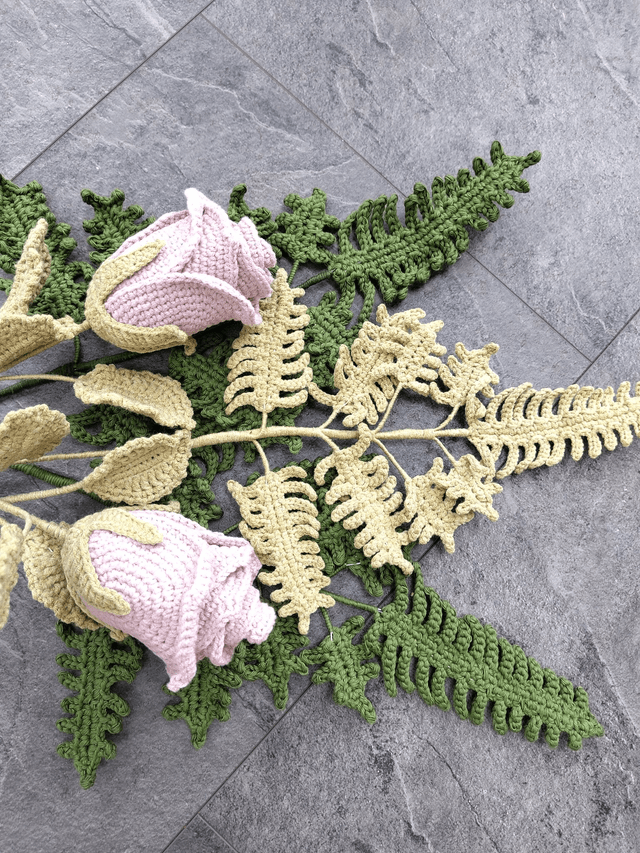 crochet crafts - Handmade Crochet Rose with Wired Fern Spray | Dusky Pink Cotton Flower Forever Stem - (Ready to Ship)