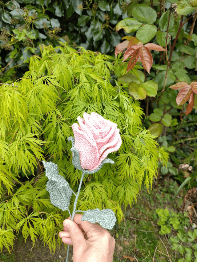 crochet crafts - Handmade Crochet Rose with Wired Fern Spray | Dusky Pink Cotton Flower Forever Stem - (Ready to Ship)