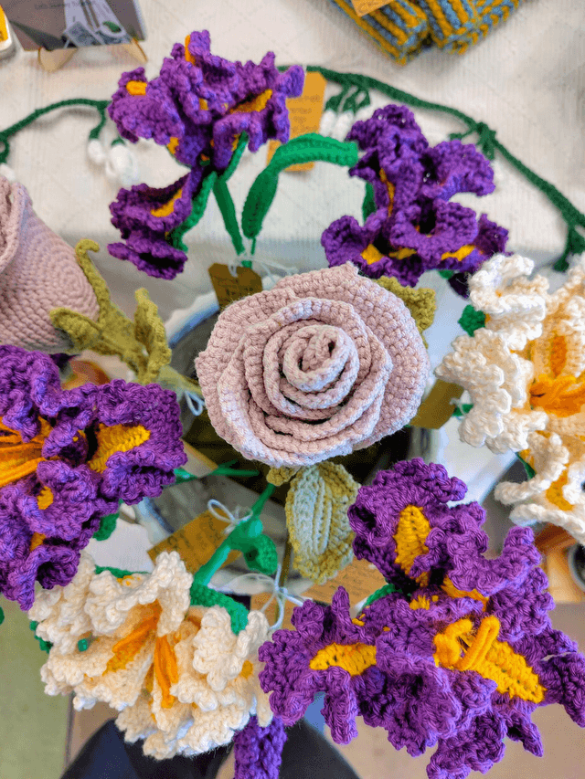 crochet crafts - Handmade Crochet Rose with Wired Fern Spray | Dusky Pink Cotton Flower Forever Stem - (Ready to Ship)