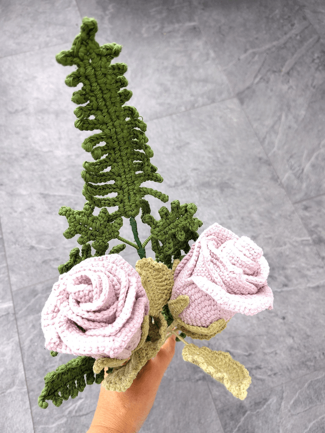 crochet crafts - Handmade Crochet Rose with Wired Fern Spray | Dusky Pink Cotton Flower Forever Stem - (Ready to Ship)