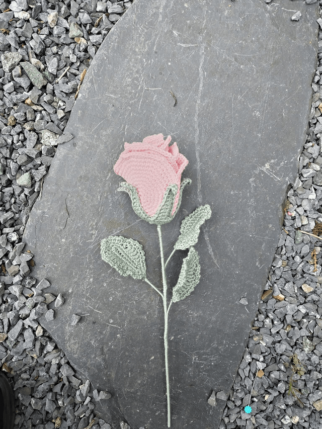 crochet crafts - Handmade Crochet Rose with Wired Fern Spray | Dusky Pink Cotton Flower Forever Stem - (Ready to Ship)