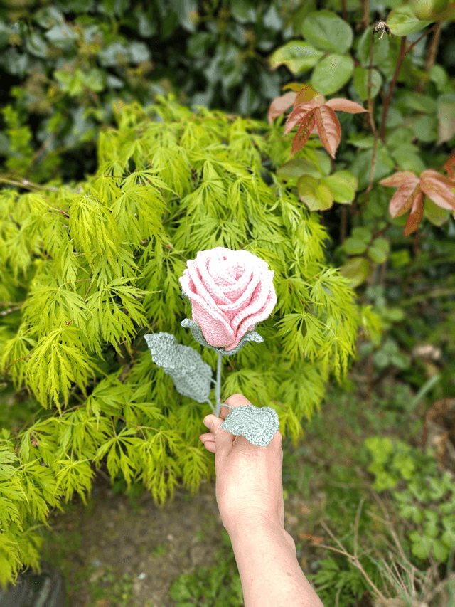 crochet crafts - Handmade Crochet Rose with Wired Fern Spray | Dusky Pink Cotton Flower Forever Stem - (Ready to Ship)