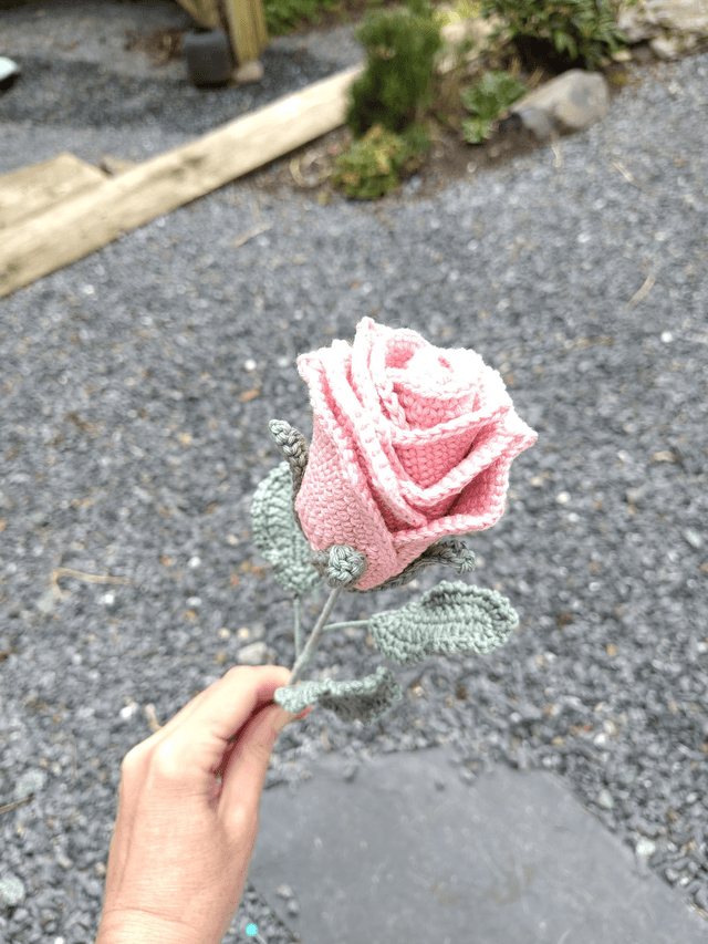 crochet crafts - Handmade Crochet Rose with Wired Fern Spray | Dusky Pink Cotton Flower Forever Stem - (Ready to Ship)