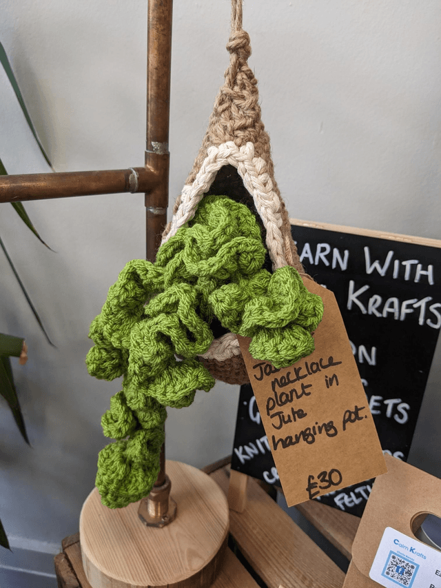 crochet crafts - Tumbling Crochet Plant Hanger | Natural Cotton &amp; Faux Greenery (Made to order - allow 3 week craft time)